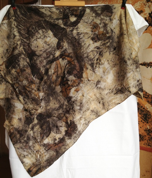 Batiked, naturally dyed and contact printed scarf